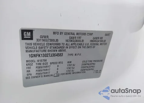 2007 Chevrolet Tahoe Lt z USA, uszkodzony, nr VIN 1GNFK13027J364583